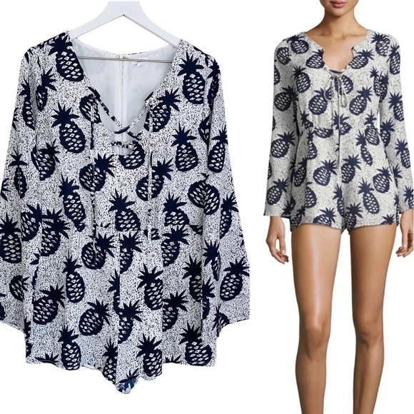 Lucca Pineapple Long Minimal Bell Sleeve Tie Neck Short Romper Size Large - Picture 1 of 10